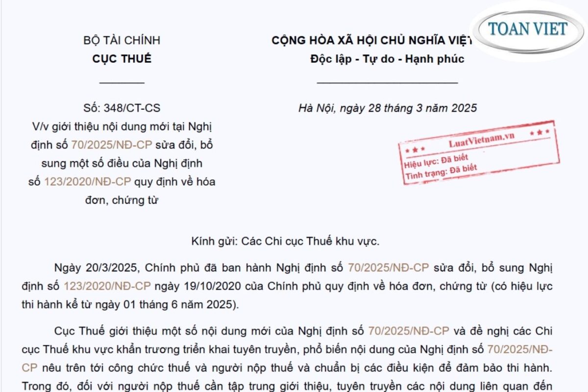 Công văn 348: Tổng hợp các điểm mới của Nghị định 70/2025 sửa Nghị định 123/2020 về hóa đơn, chứng từ