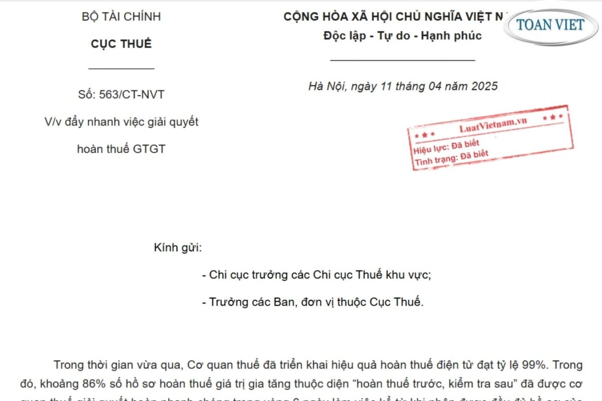 Công văn 563/CT-NVT 2025 đẩy nhanh việc giải quyết hoàn thuế giá trị gia tăng