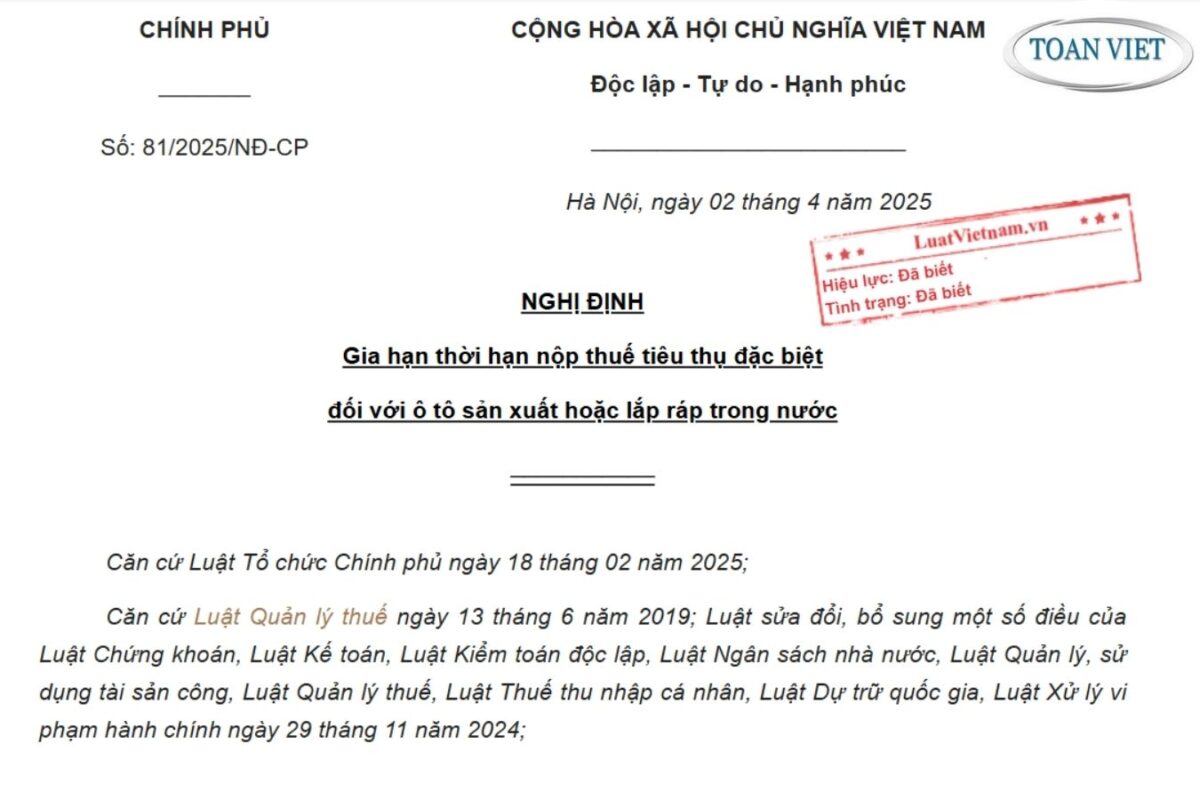 Nghị định 81/2025/NĐ-CP gia hạn thời hạn nộp thuế tiêu thụ đặc biệt