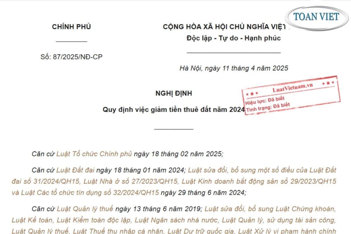 Nghị định 87/2025/NĐ-CP quy định việc giảm tiền thuê đất năm 2024