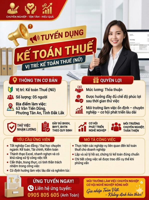 Đại lý Thuế Toàn Việt tuyển dụng Kế toán thuế nữ Tháng 10-12/2026 Tuyển dụng